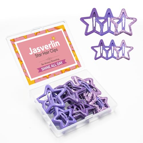 JASVERLIN 36 Pcs Star Hair Clips Y2k Cute Snap Barrettes for Women Thin Thick Hair Colorful Kawaii Girls Rave Accessories Glitter Non Slip Metal Hairclips Assorted Sizes (Purple)