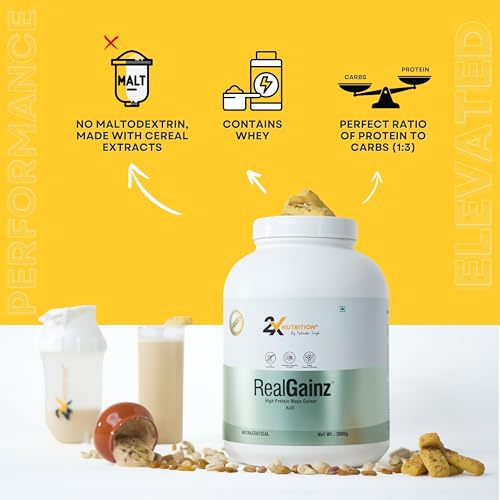 Image of REALGAINZ by 2X Nutrition | High-protein mass gainer | 78g Carbs per serving | High protein (26g) Natural weight gain | Build lean muscle mass | contains digestive enzymes (2Kg, Kulfi)