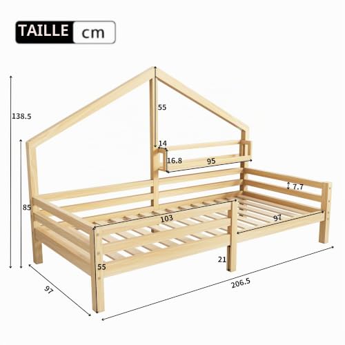 Lit cabane enfant 90x200 bois pin barrière, Merax