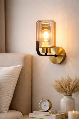 Image of Luxury Brass Finish Ribbed Glass Design Decorative Wall Lamp Sconce for Bedroom, Living Room, Hotel, Corridor, Cafe, Restaurant, Hallway,Balcony, Showroom