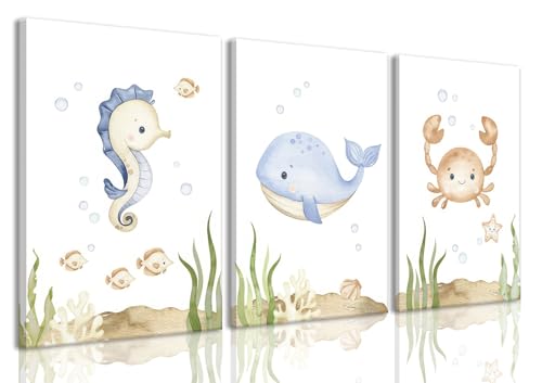 Image of Wodkwq Ocean Nursery Canvas Wall Art,Nursery Wall Decor,Kids Bathroom Decor,Under The Sea Picture,Boys Room Sea Animal Prints Set of 3,Bedroom 12x16 Inch Framed
