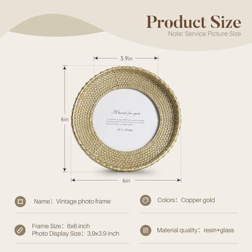 Round Picture Frame 4x4 Vintage Gold Frames, Rattan Textured Hand-Crafted Photo Frame with Glass Front, Antique Picture Frame for Tabletop Display & Wall Display, Retro Design Home Decor