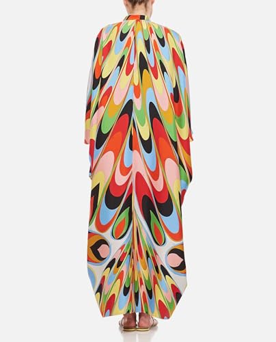 Image of Women's Soft Satin Silk Kaftan - Designer Printed Luxury Resort Wear - Multi Color Long Caftan Dress