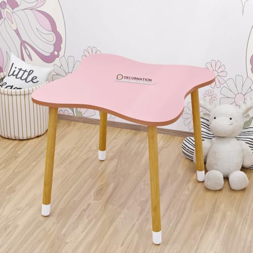 Image of DecorNation Kids Table & Chair Set - Cloud & Bunny Design, Solid Wood Legs, Pink Play Table with 4 Chairs - Study, Play & Activity Furniture for Toddlers & Children
