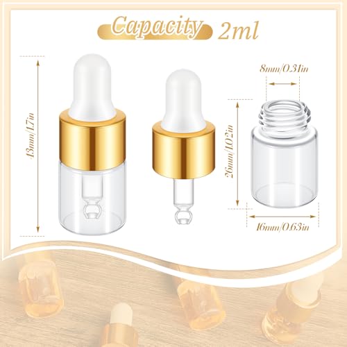 100 Pcs Mini Glass Oil Dropper Bottle Bulk, Clear Essential Small Empty Bottles Sample Containers Perfume Liquid Vials with Cap for Traveling (2 ml,Gold)2