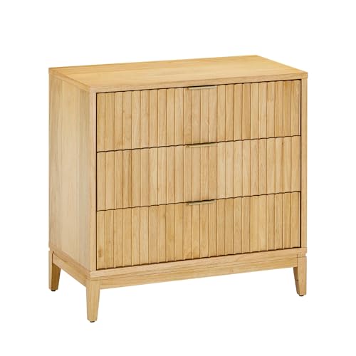 Image of Nathan James Jasper Mid Century Modern 3-Drawer Dresser with Solid Wood Frame, Fluted Dresser for Nursery or Small Drawer for Bedroom, Warm Pine