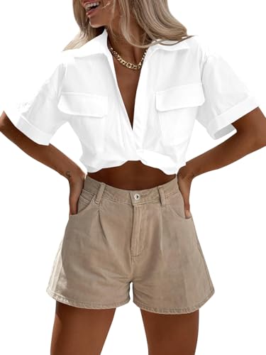Imily Bela Womens Cropped Shirts Summer V Neck Twist Front Tops Blouses with Pockets2