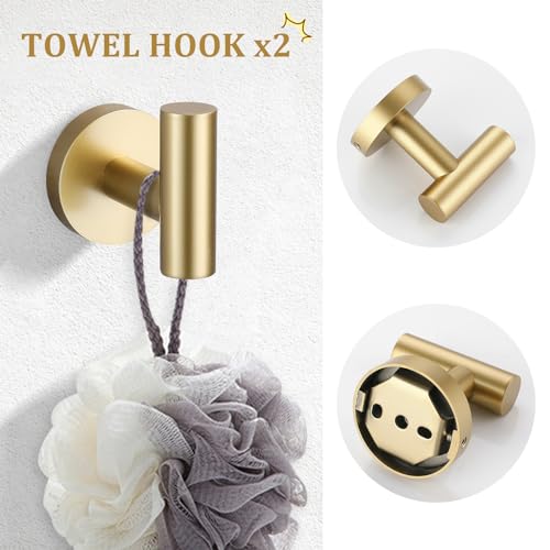 TURS Brushed Gold 5 Piece Bathroom Hardware Set, SUS304 Stainless Steel 24 Inch Bath Towel Bar Set, Round Bathroom Accessories Kit Wall Mounted - Image 6