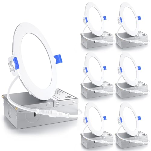 Ensenior 4Inch LED Recessed Slim Pot Light with Junction Box, 5000K, 9W 75W Eqv, Dimmable IC-Rated Ceiling Lighting, 750LM High Brightness - ETL and Energy Star Certified (6 Pack, Cool White) by Ensenior - Used condition - CA$47.44