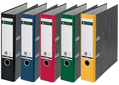 Leitz Qualitäts-Ordner, das Original, DIN A4 Aktenordner 8 cm breit, Wolkenmarmor-Papier, Recycling-Ordner, Blauer Engel, Mit 180° Mechanik, Höchste Stabilität (Breit, Sortiert, 5 Stück)