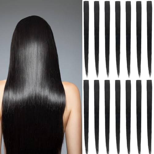 Aatpuss 12 Piezas Extensión de Pelo, Pieza Adhesiva Negra de Cabello Humano, Extensiones de Clip, Extensiones de Cabello Negro Para Mujeres Con Caida de Cabello