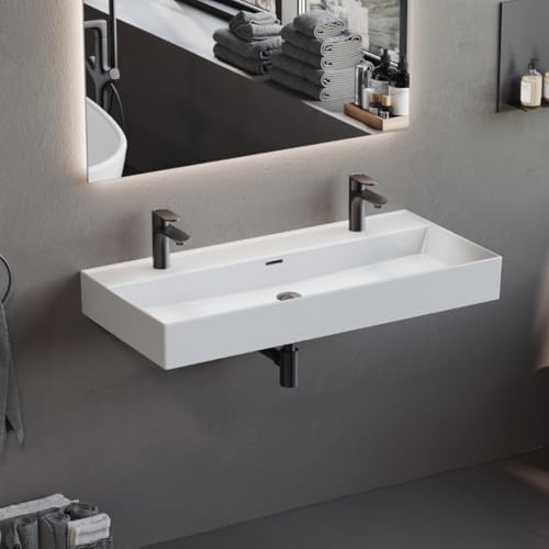 Aqua Bagno Doppelwaschtisch 100 cm weiß – modernes Doppelwaschbecken aus Keramik mit zwei Hahnlochbohrungen, rechteckiger Waschtisch fürs Badezimmer, pflegeleicht, robust und zur Wandmontage geeignet