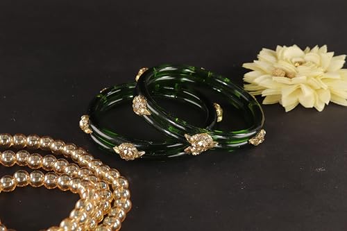 Image of NMII Diamond Glass Bangles Crystal Kada Set For Women & Girls Adorned with Golden Zircon Stones | Trending Girls Bangles Bracelet | Transparent Chudi Kangan For Wedding, Party, Daily, Ethnic- Set of 2