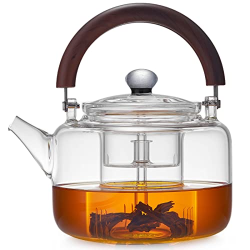 ポカロティー 耐熱ガラスティーポット 急須やかん 透明 満水容量1300ml 磁石付き持ち手 上手型 着脱式茶こし2種類付き 茶葉の蒸らし・煮出し対応 直火対応 紅茶 緑茶 プアール茶（Amazon）