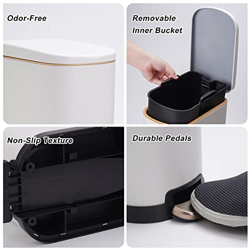 Small Bathroom Trash Can With Lid-10L/2.6 Gal Stainless Steel Step Garbage Can-Slim Metal Wastebasket-Rectangle Pedal Garbage Container Bin For Narrow Office, Kitchen, Bedroom, Toilet-Soft Close-White #TOP3