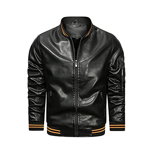 Mens Bomber Jacket Fleece Zipper Stand Collar Multi-Pocket Leather Coat - image 4