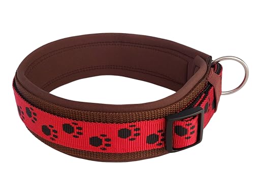 BUDDYPACK | Pfötchen-Hundehalsband Extra-Breit mit Neopren gepolstert | Größe XXS-3XL (4-6 cm breit) | Verstellbar (S (38-43 cm), Schwarz-Rot auf Braun)