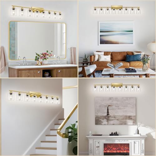 Image of Modern Brushed Gold 8 Light Bathroom Light Fixtures, 52 inch Vanity Lights for Bathroom with Clear Glass, Bathroom Light Fixture for Mirror Kitchen Living Room Hallway Cabinet Porch