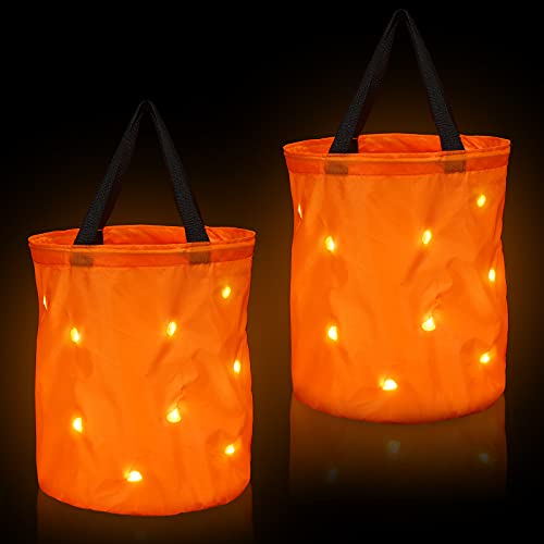 Shappy 2 Pcs LED Light Halloween Candy Bags Trick or Treat Light up Halloween Candy Bucket Multipurpose Reusable Goody Bucket for Holiday Party Supplies Favors(Orange)