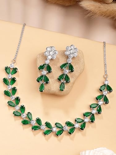 Image of Karatcart Silver Tone Green American Diamond Studded Necklace Set for Women