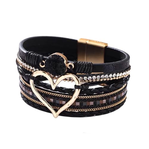 CYXZMYA Damen Mädchen Boho Herz Armband, Leder Wickelarmband Frau, Schwarz, Wickelarmband Lndianer Modeschmuck, Perlenarmband, für Familie Freunde Geburtstag Schmuck Geschenk
