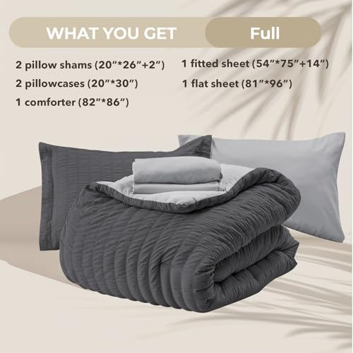 Image of HYMOKEGE Dark Grey /Light Grey Full Size Comforter Sets Seersucker 7 Pieces, All Season Luxury Bed in a Bag for Bedroom, Bedding Set with Comforter, Sheets, Pillowcases & Shams