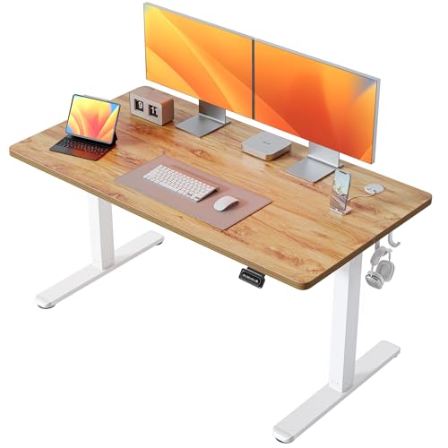 FEZIBO 55 x 24 Inchs Electric Standing Desk, Height Adjustable, Sit Stand Up, Computer Office Desk with Splice Board, White Frame/Light Rustic Top
