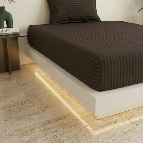 Image of Filymore Single Bed Bedsheet with 1 Pillow Cover, 300 TC Soft Microfiber Satin Striped Bedsheet, Brown Striped Bedcover for Single Bed, Breathable & Comfortable Bedding Set (90x60 Inches)