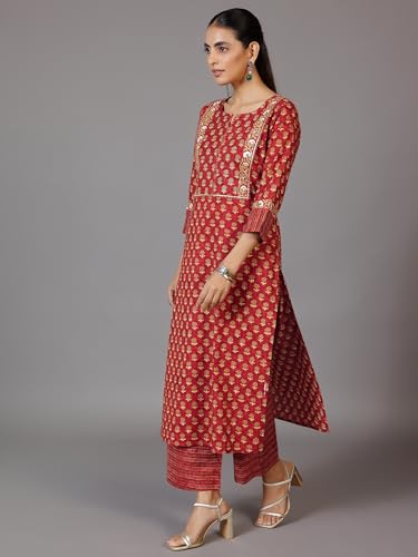 Image of Libas Printed Cotton Straight Kurta With Palazzo and Dupatta