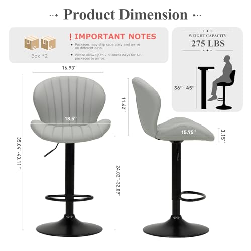 Image of COLAMY Bar Stools Set of 4, Modern Swivel Bar Chairs, Adjustable Faux Leather Upholstered Barstools Counter Height with High Backrest for Bar, Kitchen Island, Dining Room, Grey