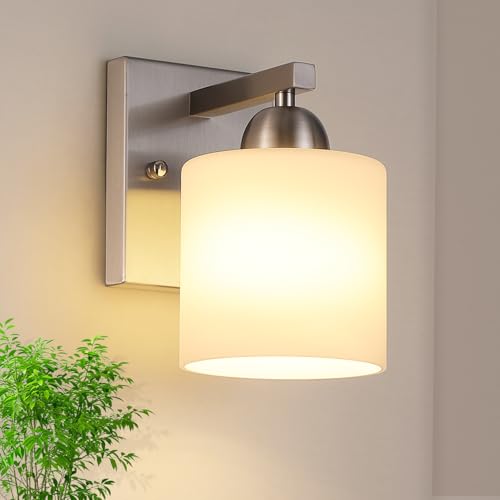 Image of Mecgirn Brushed Nickel Milk Glass Wall Sconces, 1 Pack Hardwired Indoor Wall Light Fixtures for Living Room, Hallway, Bedroom, Ceramic E26 Sockets (Bulbs Not Included)