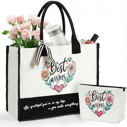 Zevmi Initial Canvas Tote Bag for Women Makeup Bags, Personalized Beach Tote Bag Present for Women Girls Travel, Friends Birthday Gift for Wedding, Teacher Mom, Brides, New Year, Wife, Nurse, Sister