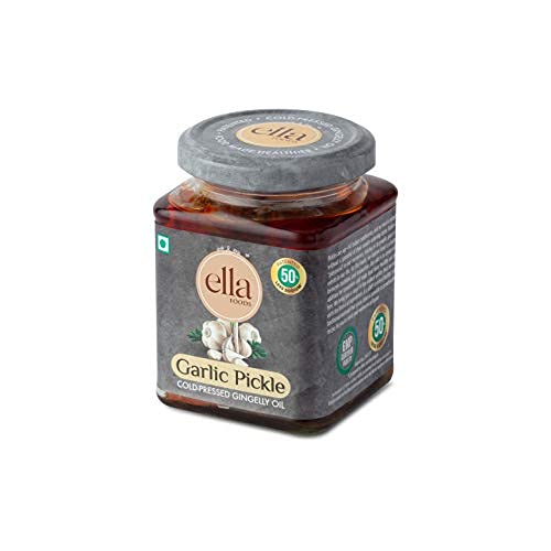 Ella Spices Low Sodium Garlic Pickle 250g (8.8oz)| Cold Pressed Seasame Oil| Homemade Pickle| Made With Cryogenic Spices| 50% Low In Sodium| Aachar| Pickle| Indian Flavour| Lasun Ka Aachar