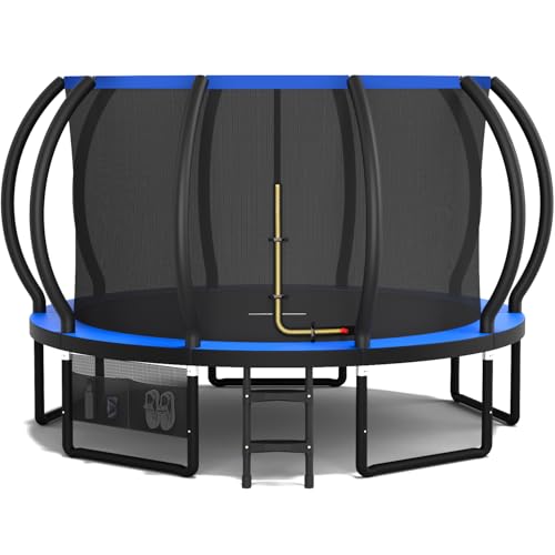 Devoko Trampoline Extérieur Ø 228/305/366/427 cm, Certifié GS, pour Enfants, avec Filet de Sécurité, Couverture de Protection, Design Citrouille, Capacité de Charge 150 kg (Bleu, 366 cm / 12 FT)