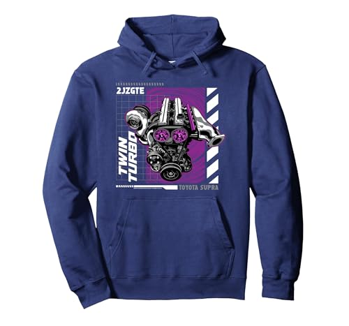 Toyota Supra Twin Turbo 2JZGTE Motor Schematics Pullover Hoodie, Adult Unisex, Navy Blue, Large