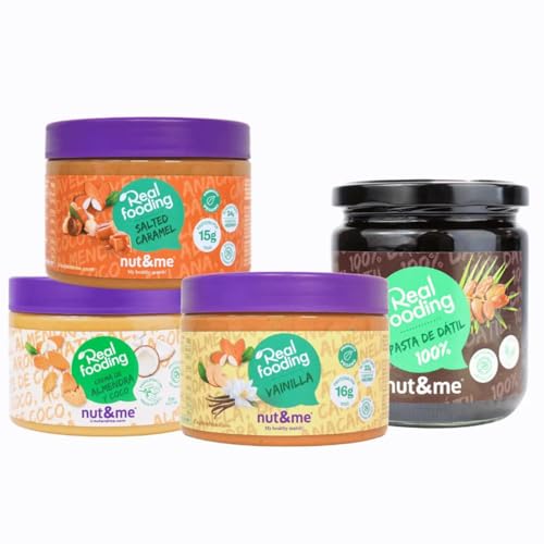 Pack Untables Realfooding nut&me | Crema sabor vainilla y canela 250g | Crema sabor caramelo salado 250g | Crema de almendra y coco 250g | Pasta de dátil 500g