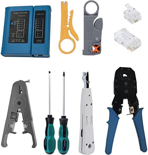 Network Tool Kit 12 in 1 Cable Tester LAN Repair Tools Crimp Stripper Tool Set for RJ45 RJ11 Cat5e Wire Data Detector Strippe Master Cable Tester, Pass Through Crimping Tool Wire Stripping Cutter