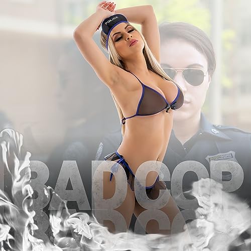 Mini Fantasia adulta Policial Bandida em tule na cor branca com detalhes em azul