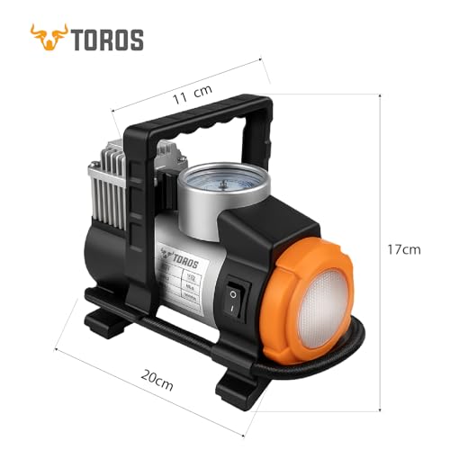 Image of TOROS Topper Heavy-Duty Tyre Inflator /Air Compressor with Auto Cut-Off & LED Light,120 Watts, Copper Armature, Metal Cylinder, 35 Liters Per Minute, 12V Dc, 150 Psi with 15 Months warranty (TOPPER)