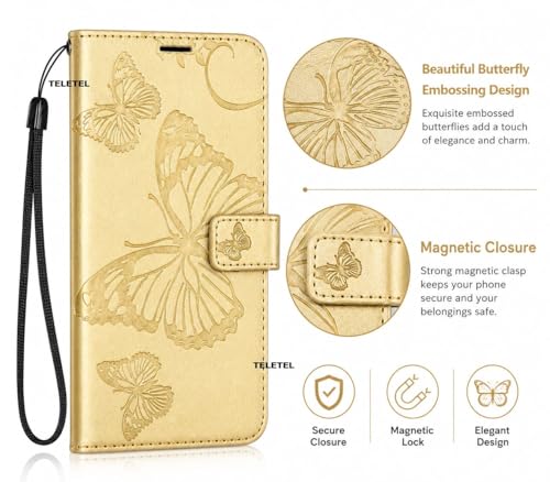 Image of TELETEL Butterfly Magnetic Closure Wallet Card Holder Flip Case for Vivo V50 5G|Mobile Cover|Back Flip Cover - Gold