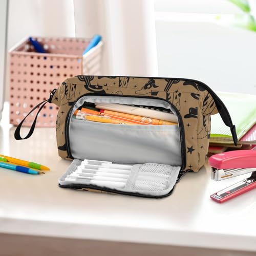 Image of Western Cowboy Brown Pencil Case Pouch Big Capacity Pencil Bag Box Organizer Pen Case with Handle Stationery Organizer for Girls Boys Women School College Office