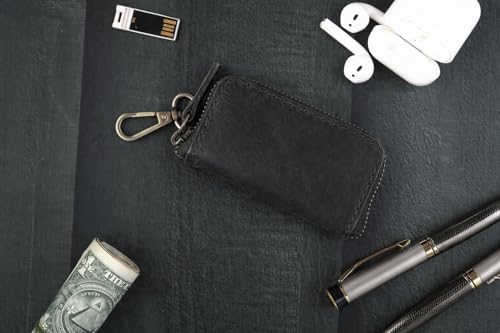 Image of Handmade Full Grain Leather Car Key Holder & Zippered Coin Purse | Belt Loop Key Chain, Compact Earphone Holder Multi-Functional Money Purse Elegant Leather Accessory Versatile Key Organizer (Black)