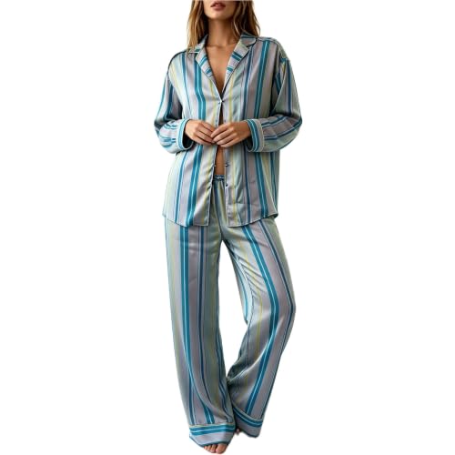 Image of Women Satin Pajama Sets Floral Silk Pajamas Pj Set | 2 Piece Lounge Sets, Button Down Long Sleeve Shirts and Wide Leg Pants Pjs Set, Christmas Holiday Valentine's Day Sleepwear