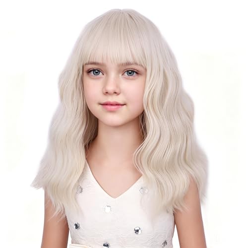 Image of kids White Blonde Wig Girls Short Light Blonde Wavy Curly Wigs Child Wig with Air Bangs Synthetic Cosplay Hair Wigs