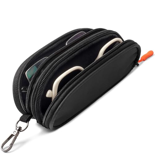 Tangoner Double Eyeglasses Case Soft Portable Zipper Sunglasses Pouch with Keychain Clip for Men Women (Black)