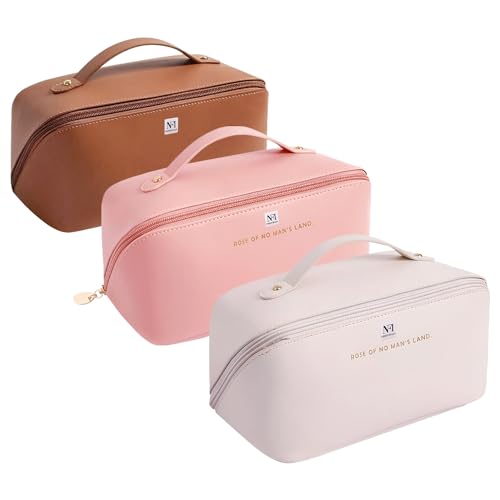 Image of NFI Essentials Pack of 3 Cosmetic Travel Organizer Bag, Women's Makeup Pouch Toiletry Bag Portable Leather Wide Opening Cosmetics Bag with Handle and Divider, 8Cm, Assorted