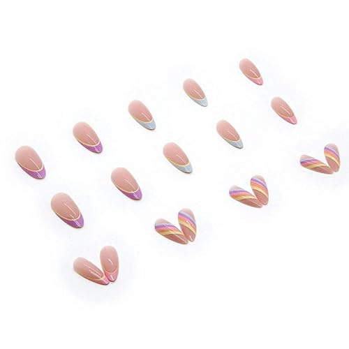 Qingge French Tip Press On Nails Short Glossy Rainbow Fake Nails Stiletto False Nails Colorful Stick On Nails With Glue Nude Summer Acrylic Nails For Women 24Pcs #TOP3