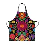 THISFIND Colorful Floral Print Apron for Women β Adjustable Waterproof & Oil-Resistant Apron for Cooking, Baking, Gardening & Kitchen Use β Black Background with Multicolor Flowers