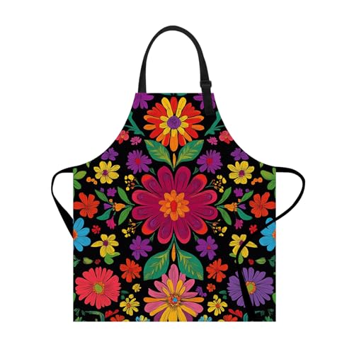 THISFIND Colorful Floral Print Apron for Women – Adjustable Waterproof & Oil-Resistant Apron for Cooking, Baking, Gardening & Kitchen Use – Black Background with Multicolor Flowers