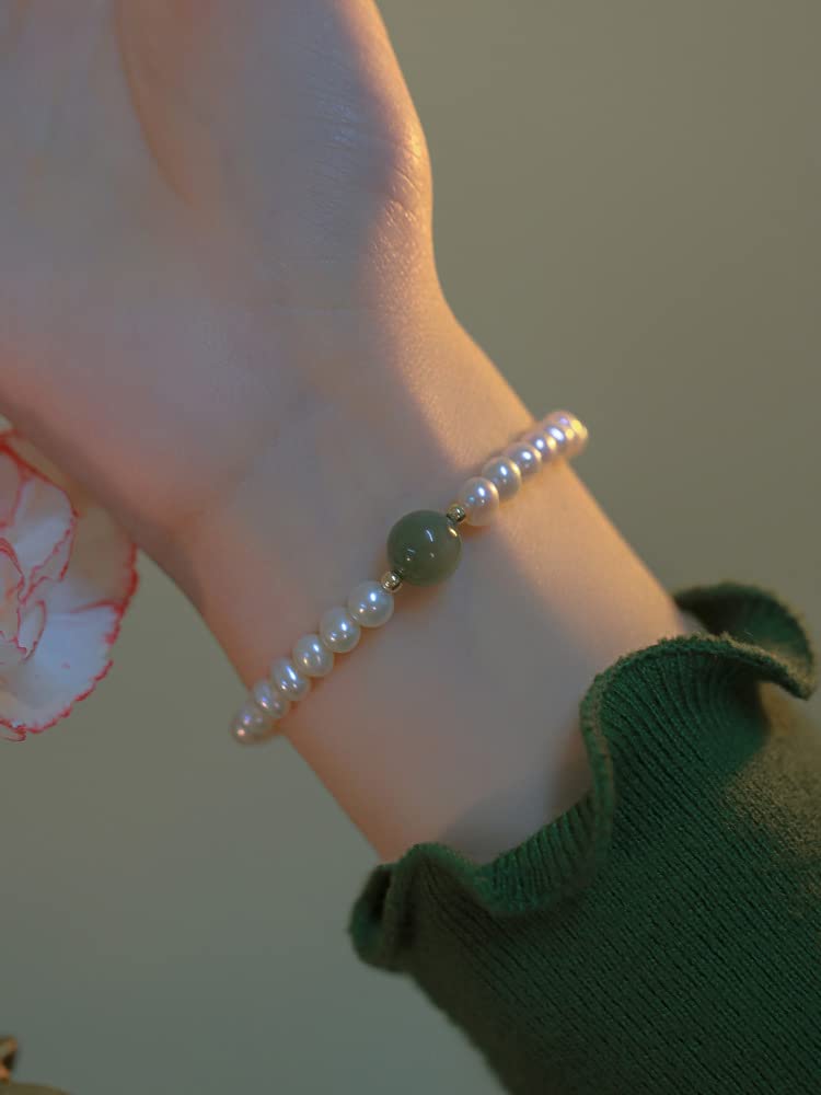 Pulsera de Oro de 14k para Mujeres con Perla y Jade, Cadena Natural de Cuentas de Perlas de Agua Dulce, Regalo de para Mujeres
